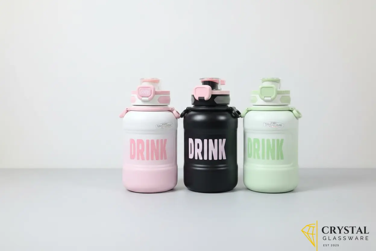  "MCHEN Sports Experts" pot-belly water bottle with the word "DRINK" printed on the front